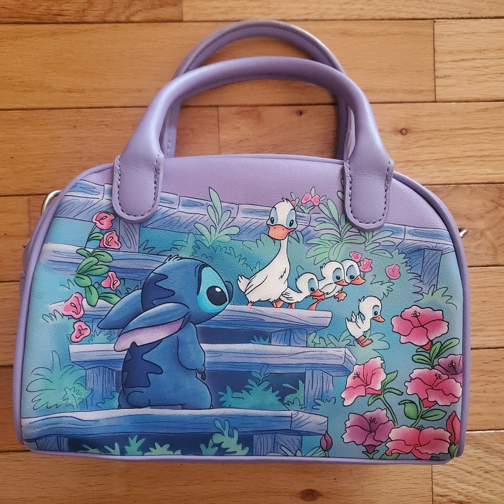 LOUNGEFLY Disney Purple Handbag with Stitch and Ducklings Design